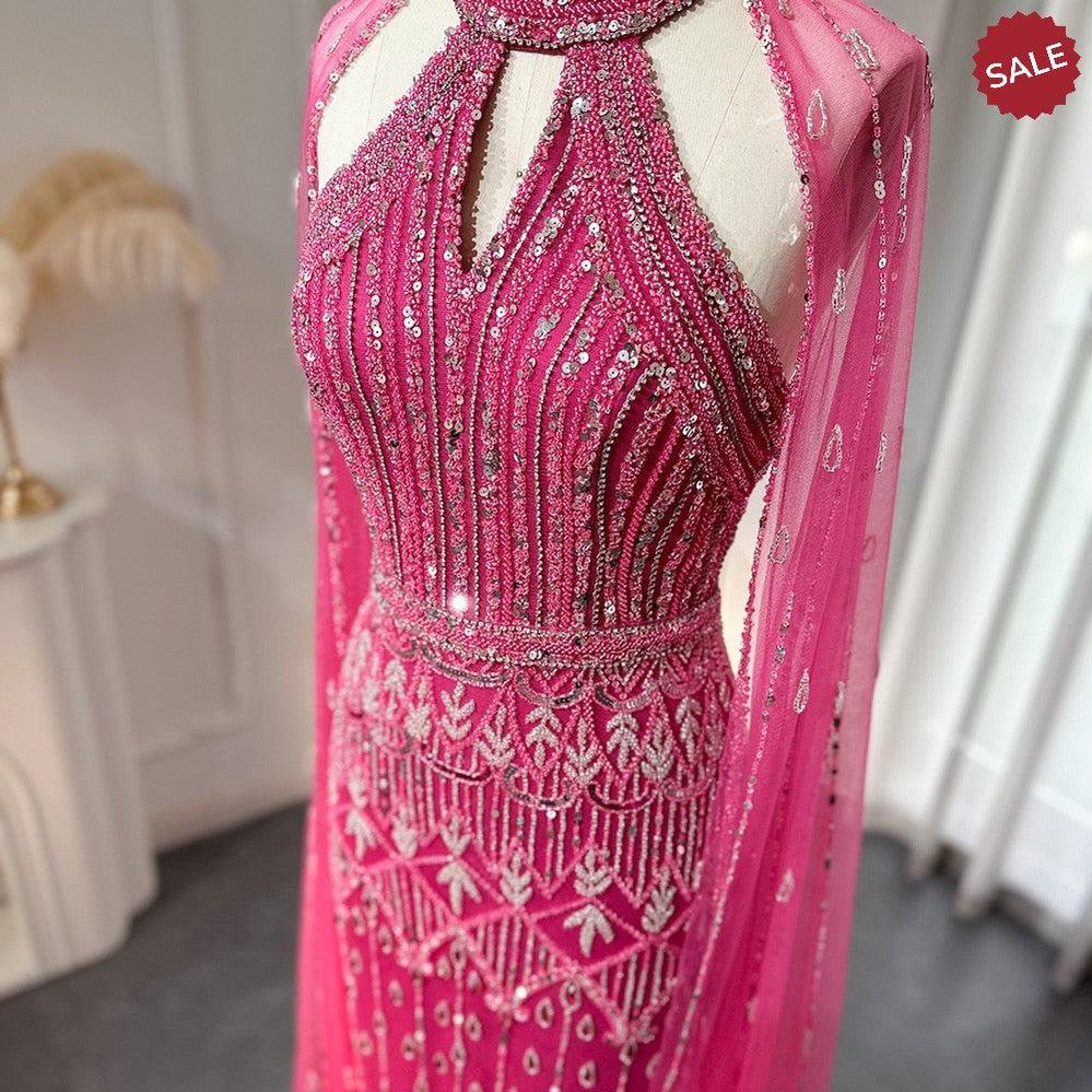 Luxury Dubai Mermaid Pink Evening Dresses with Cape Sleeves SS361