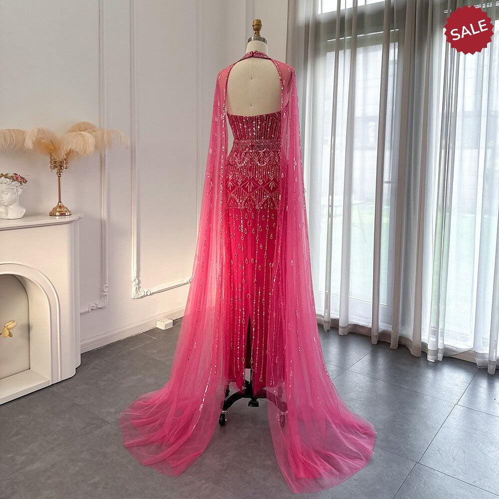 Luxury Dubai Mermaid Pink Evening Dresses with Cape Sleeves SS361