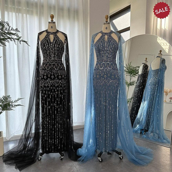 Luxury Dubai Mermaid Pink Evening Dresses with Cape Sleeves SS361