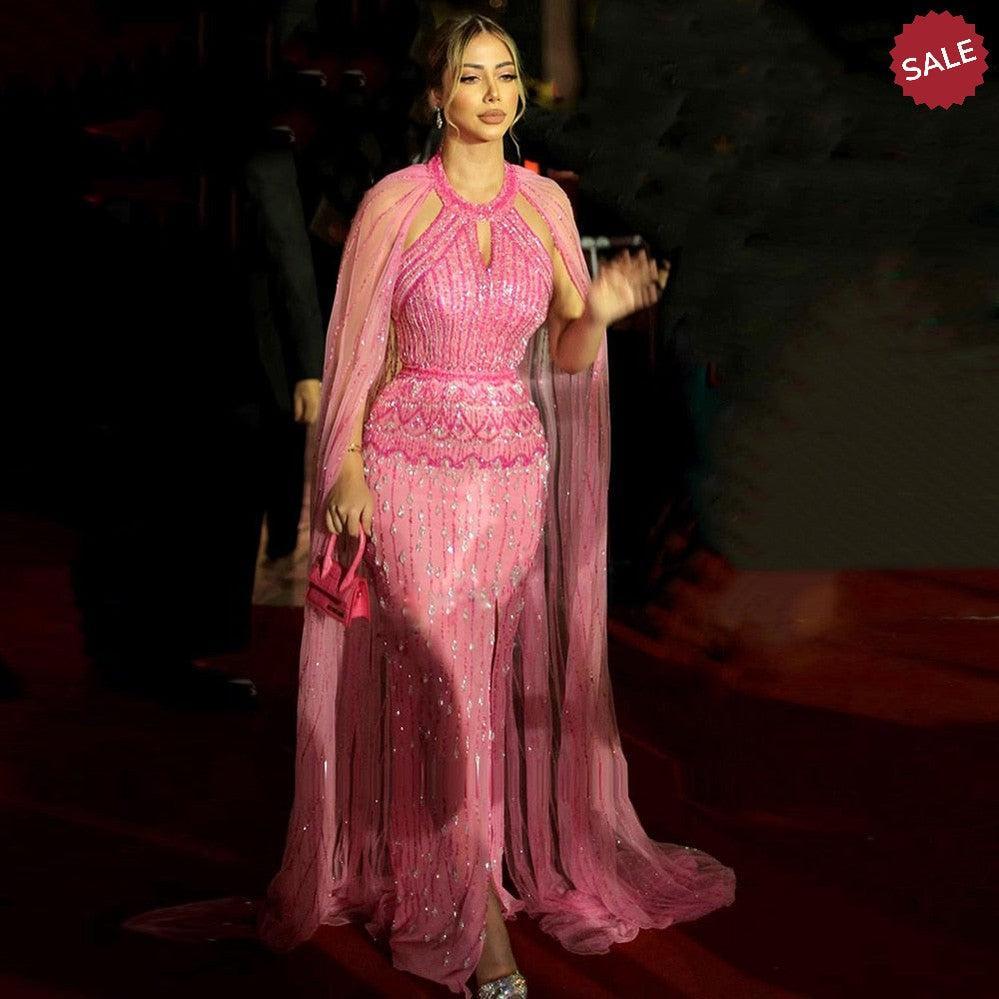 Luxury Dubai Mermaid Pink Evening Dresses with Cape Sleeves SS361