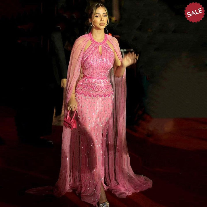 Luxury Dubai Mermaid Pink Evening Dresses with Cape Sleeves SS361