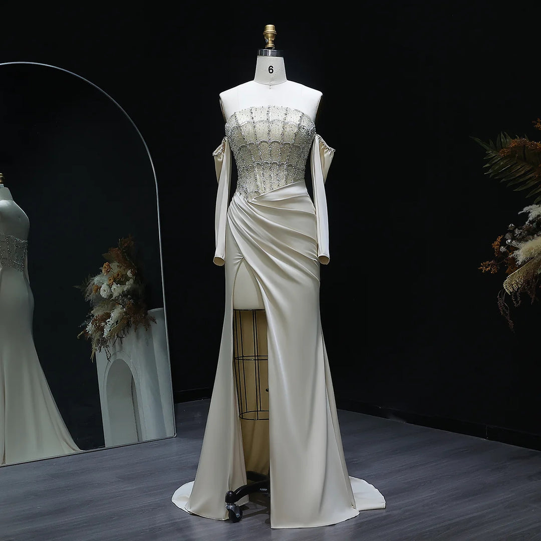 Luxury Dubai Mermaid White Evening Dress Sexy Scalloped SS416