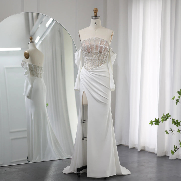 Luxury Dubai Mermaid White Evening Dress Sexy Scalloped SS416