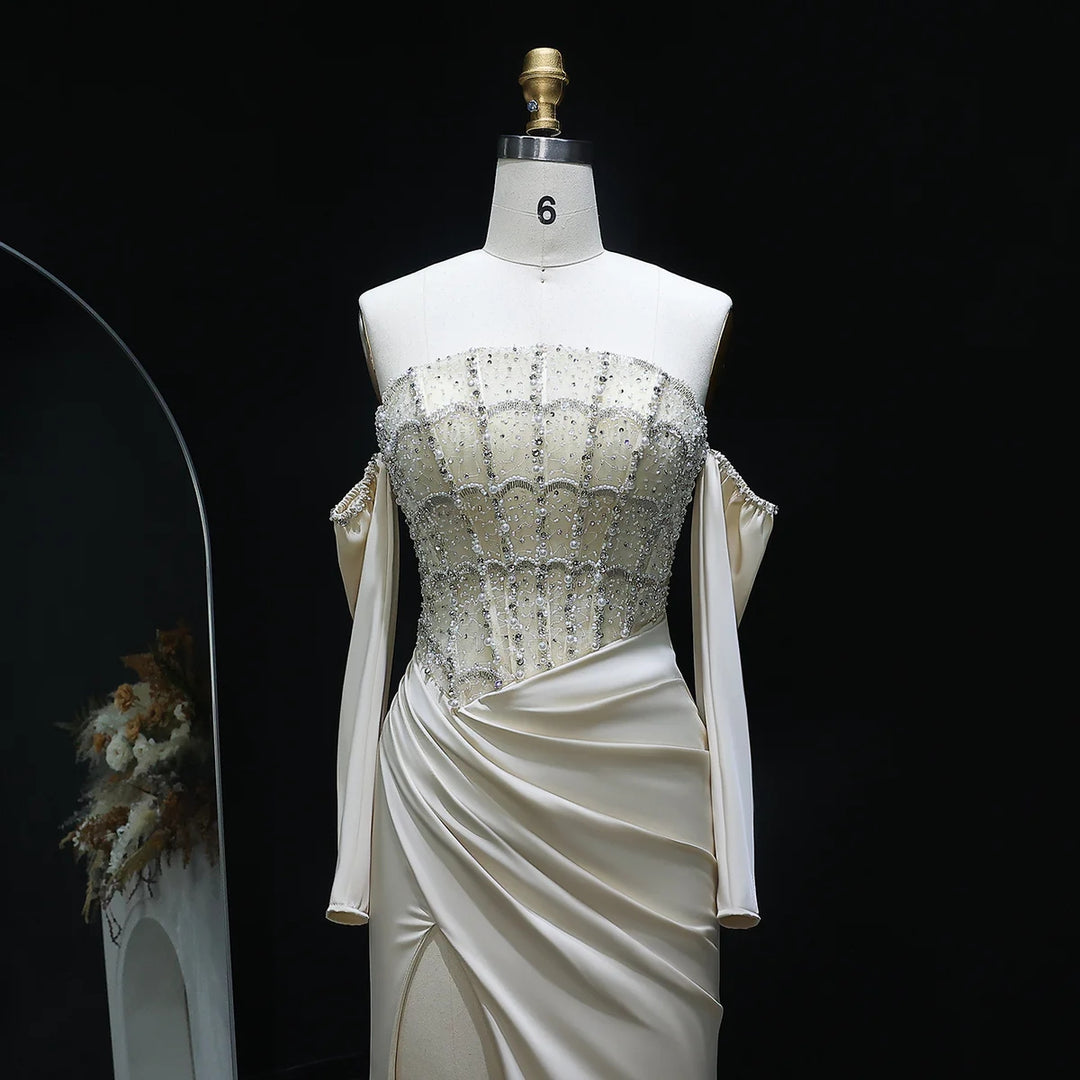 Luxury Dubai Mermaid White Evening Dress Sexy Scalloped SS416