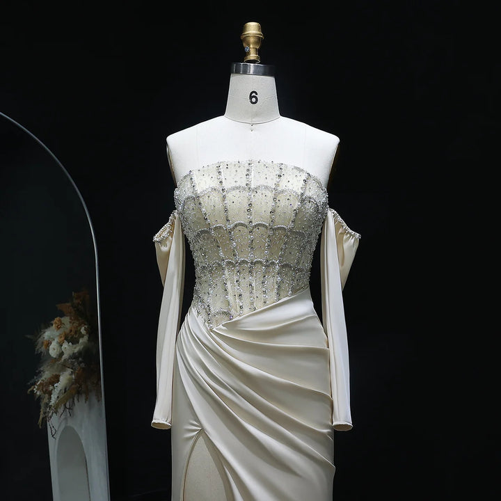 Luxury Dubai Mermaid White Evening Dress Sexy Scalloped SS416