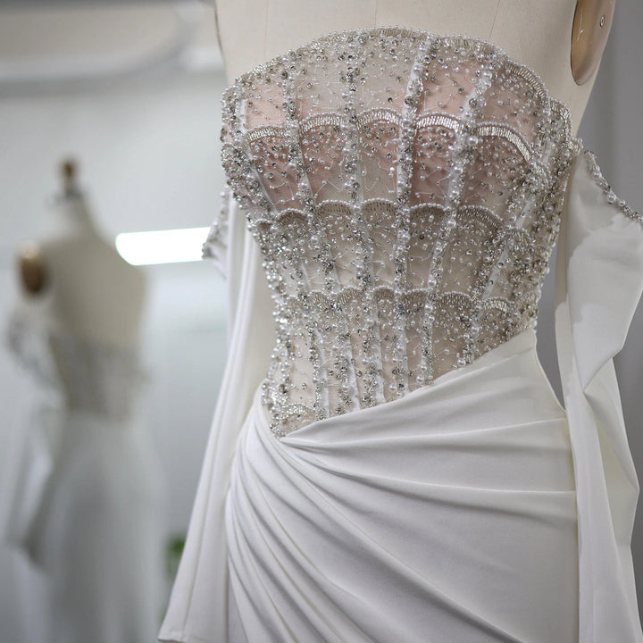 Luxury Dubai Mermaid White Evening Dress Sexy Scalloped SS416