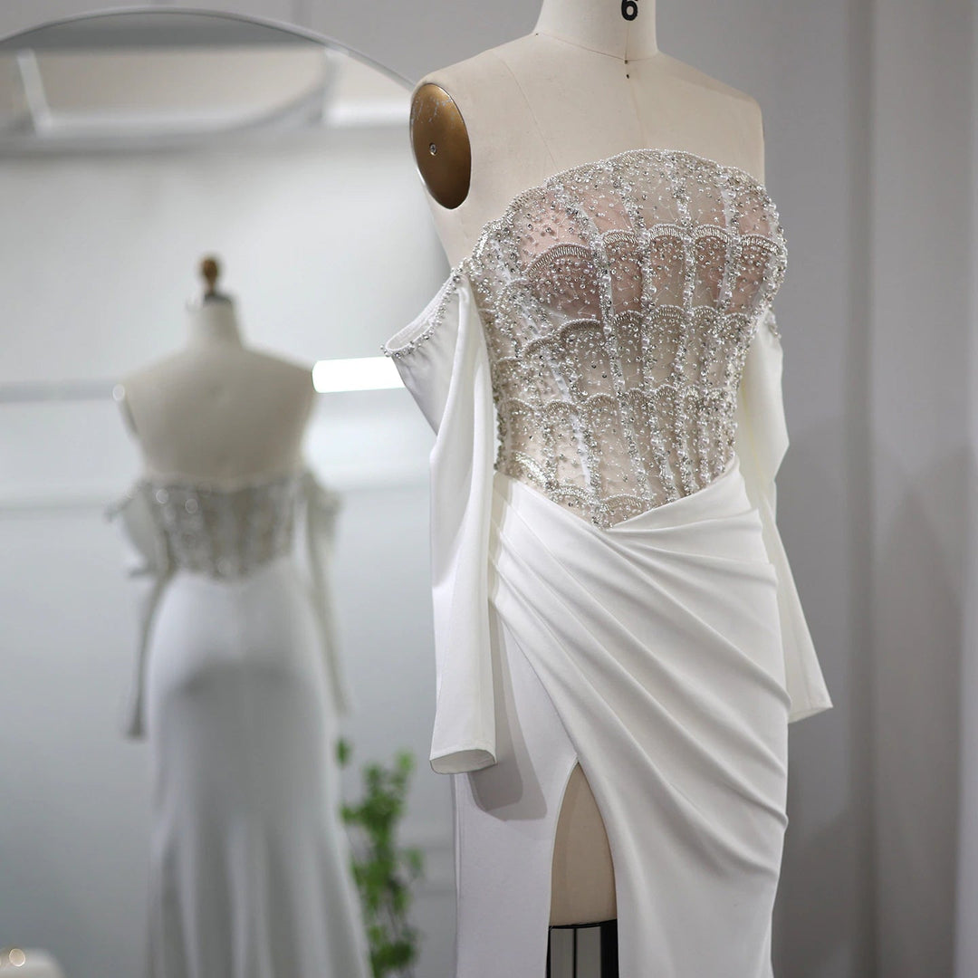 Luxury Dubai Mermaid White Evening Dress Sexy Scalloped SS416