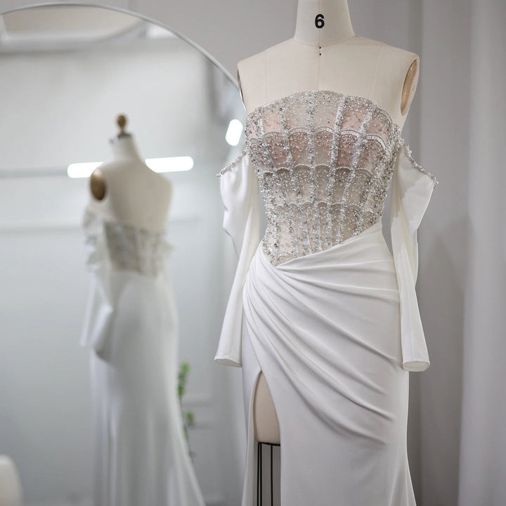 Luxury Dubai Mermaid White Evening Dress Sexy Scalloped SS416