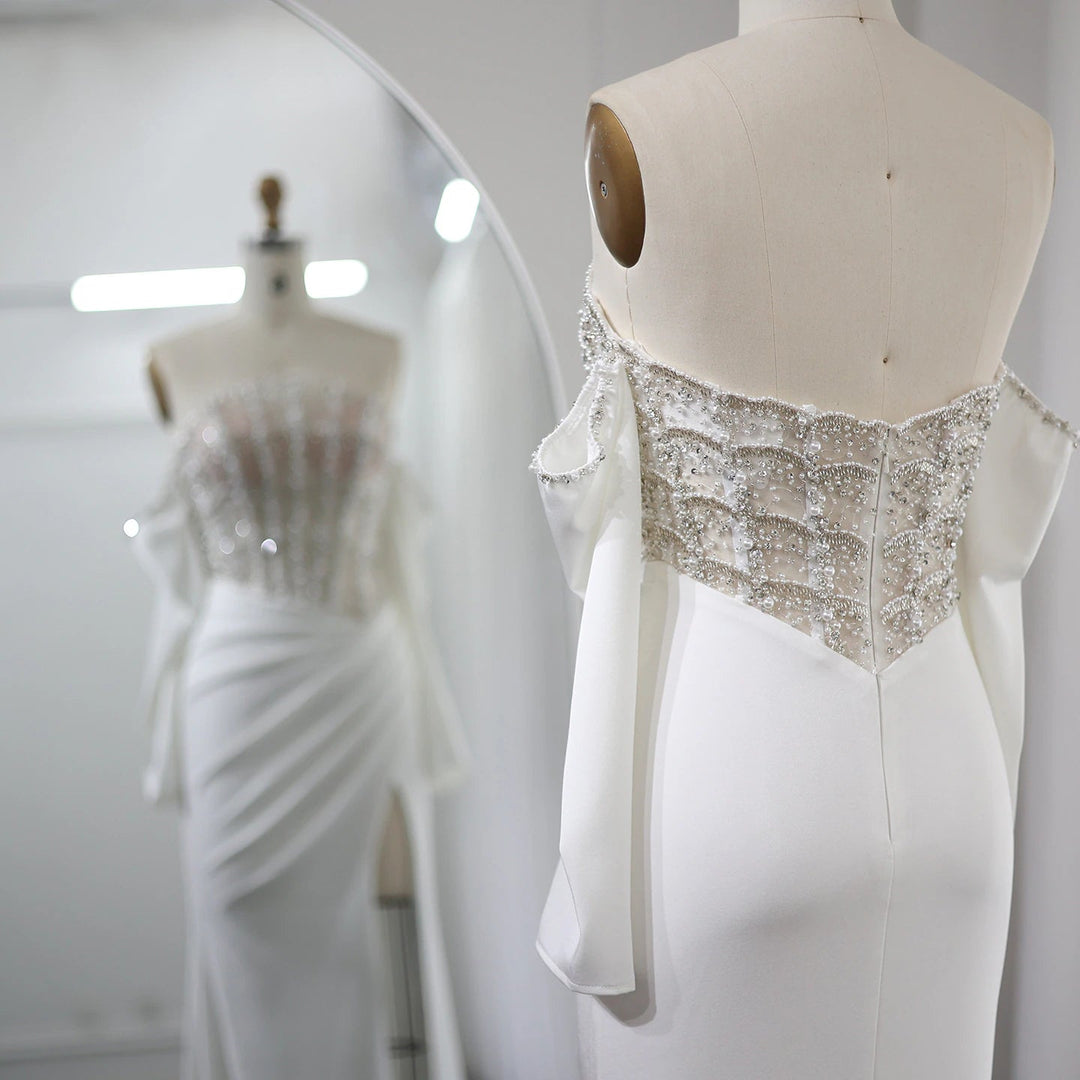 Luxury Dubai Mermaid White Evening Dress Sexy Scalloped SS416