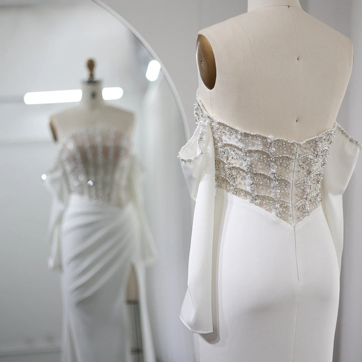 Luxury Dubai Mermaid White Evening Dress Sexy Scalloped SS416