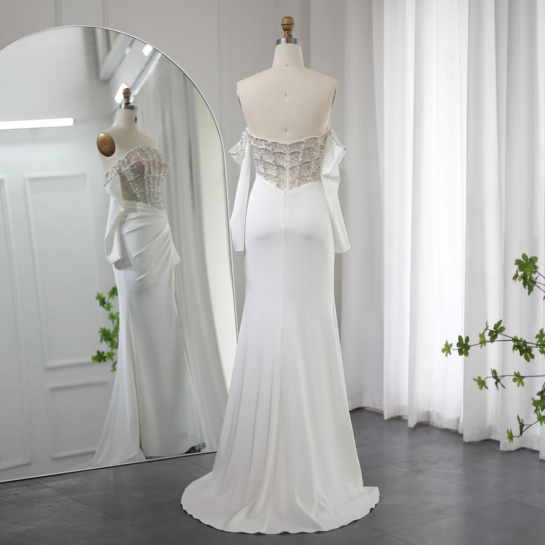Luxury Dubai Mermaid White Evening Dress Sexy Scalloped SS416
