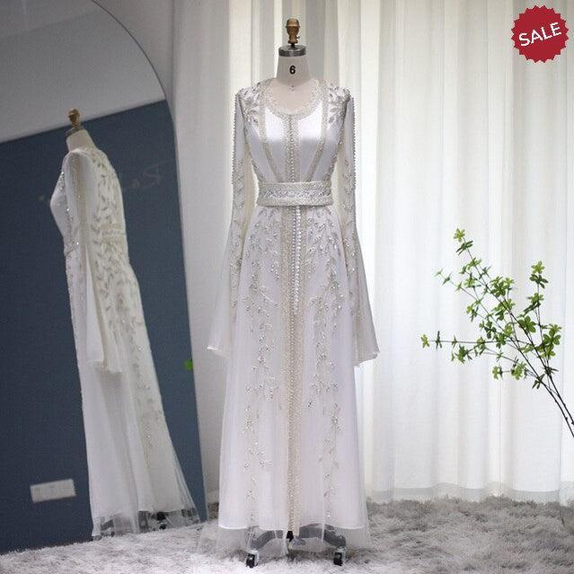 Luxury Moroccan Kaftan Ivory Evening Dresses for Women Wedding Party Elegant Long Sleeve Muslim Arabic Formal Dress Ivory / 16