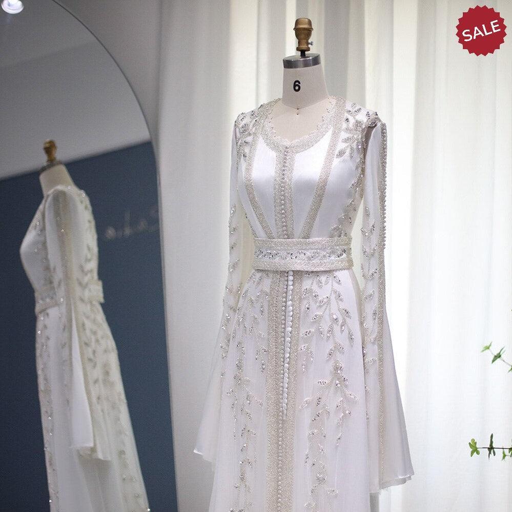 Luxury Moroccan Kaftan Ivory Evening Dresses for Women Wedding Party Elegant Long Sleeve Muslim Arabic Formal Dress Ivory / 16