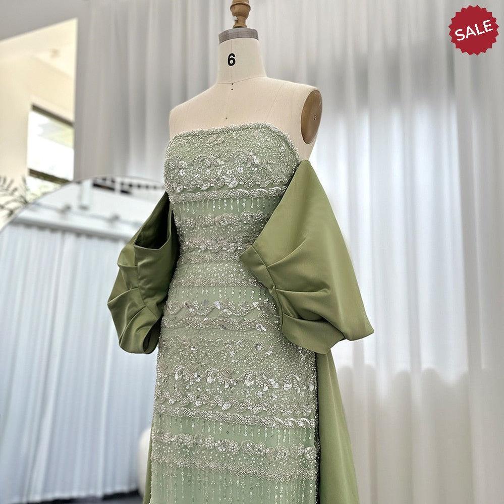 Luxury Dubai Sage Green Evening Dresses with Cape SS238