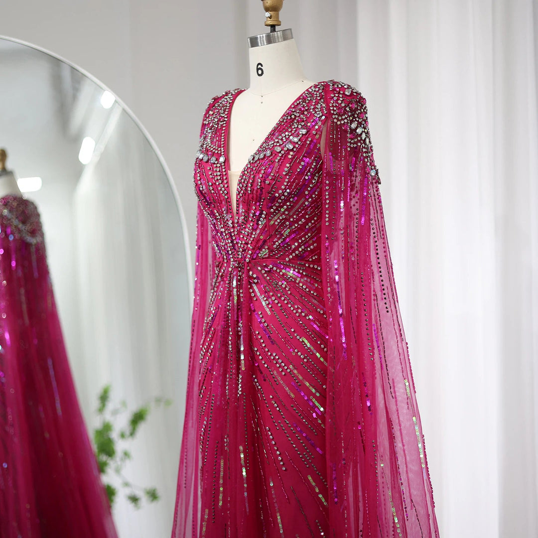 Luxury Dubai Sage Green Evening Dresses with Cape SS399
