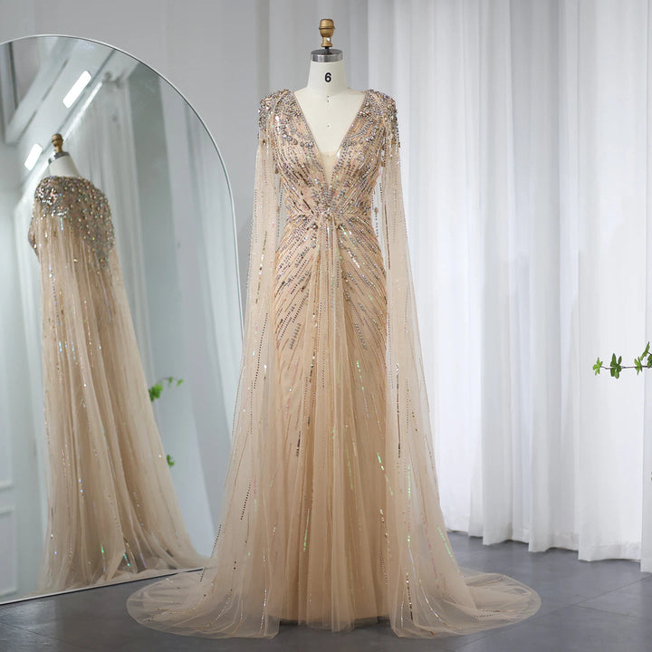 Luxury Dubai Sage Green Evening Dresses with Cape SS399