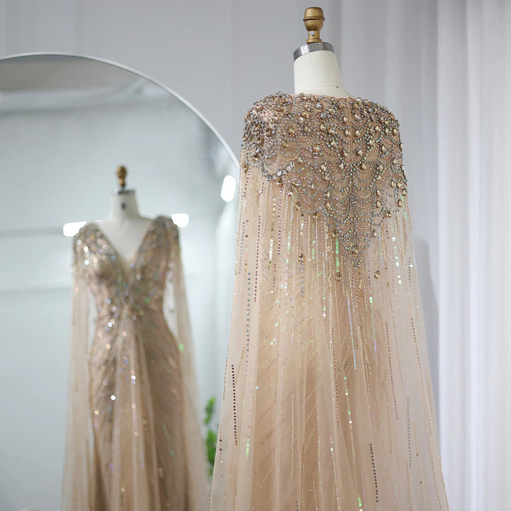 Luxury Dubai Sage Green Evening Dresses with Cape SS399