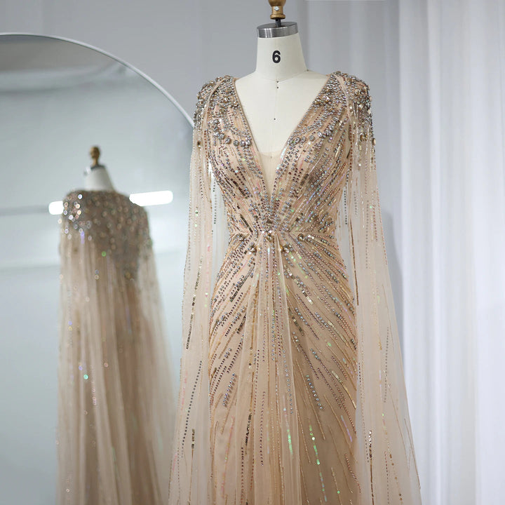 Luxury Dubai Sage Green Evening Dresses with Cape SS399