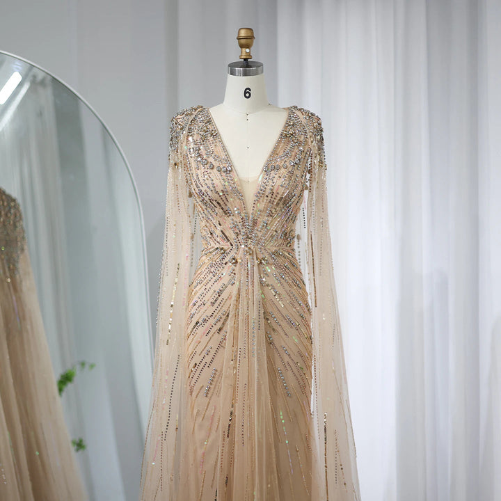 Luxury Dubai Sage Green Evening Dresses with Cape SS399