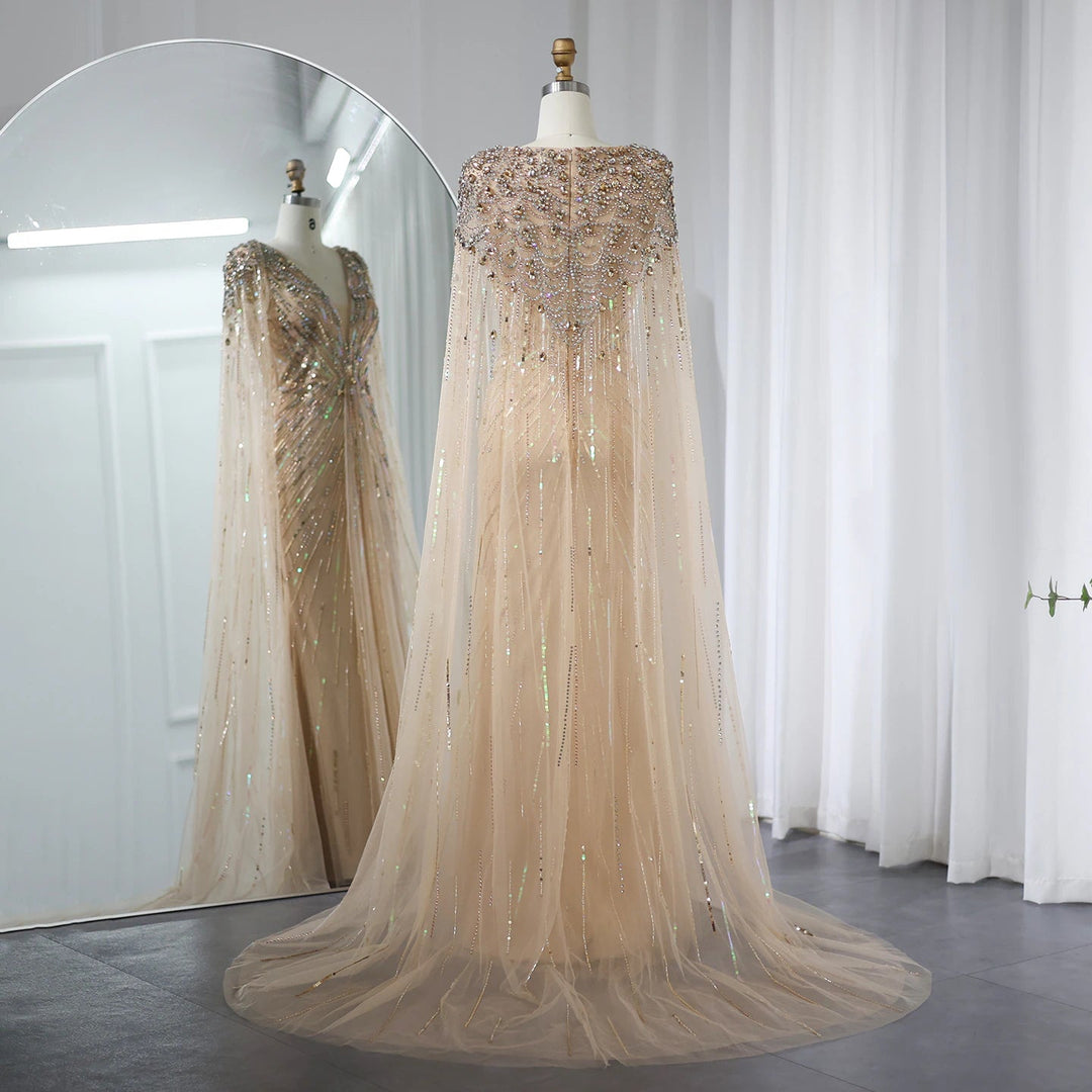 Luxury Dubai Sage Green Evening Dresses with Cape SS399