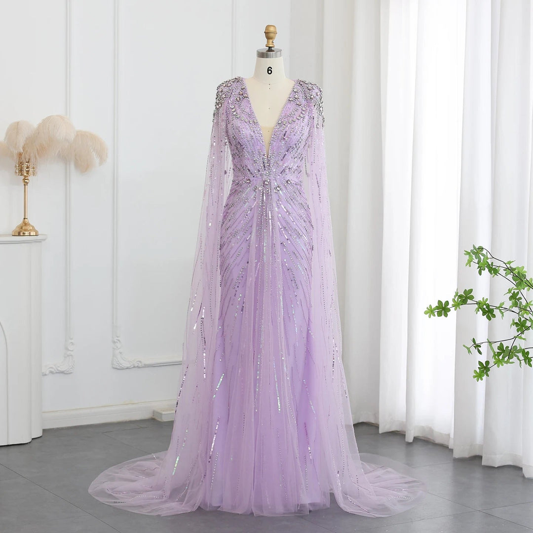 Luxury Dubai Sage Green Evening Dresses with Cape SS399