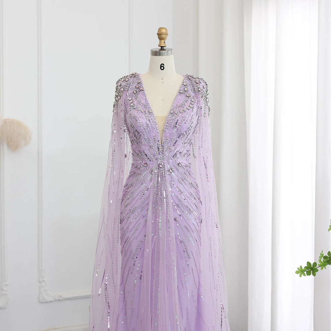 Luxury Dubai Sage Green Evening Dresses with Cape SS399