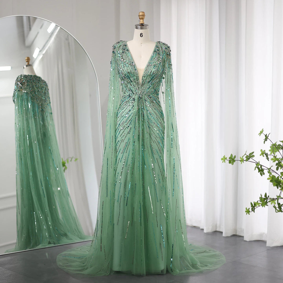 Luxury Dubai Sage Green Evening Dresses with Cape SS399
