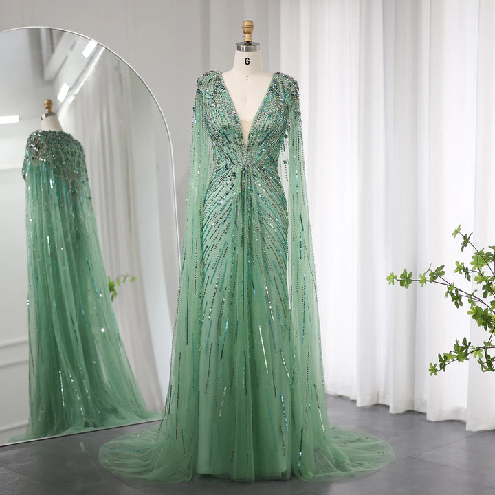 Luxury Dubai Sage Green Evening Dresses with Cape SS399