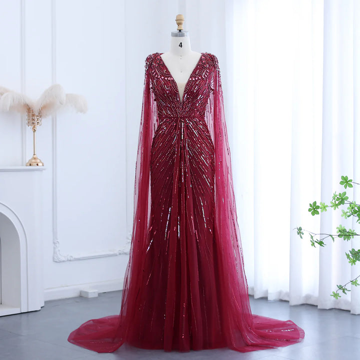 Luxury Dubai Sage Green Evening Dresses with Cape SS399