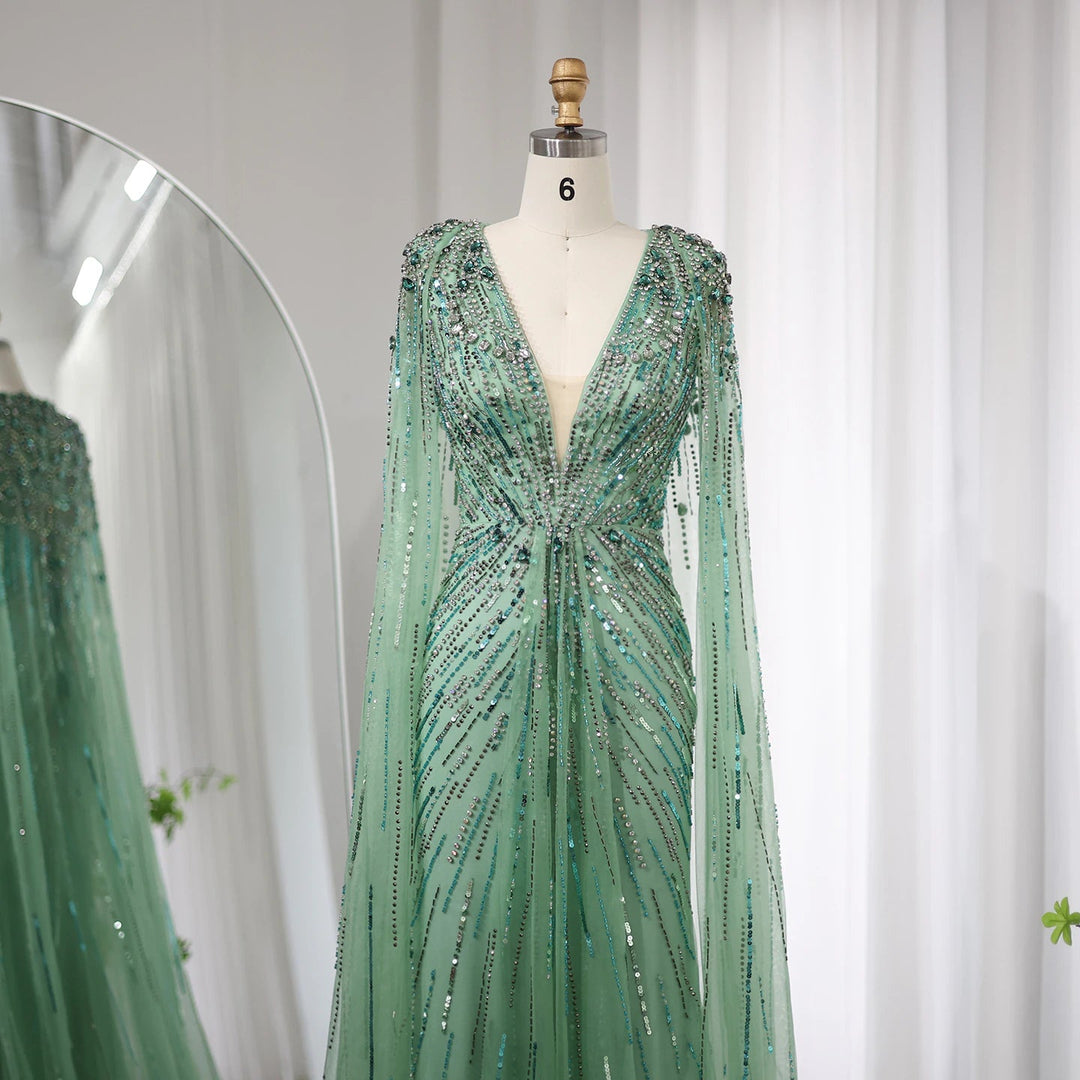 Luxury Dubai Sage Green Evening Dresses with Cape SS399