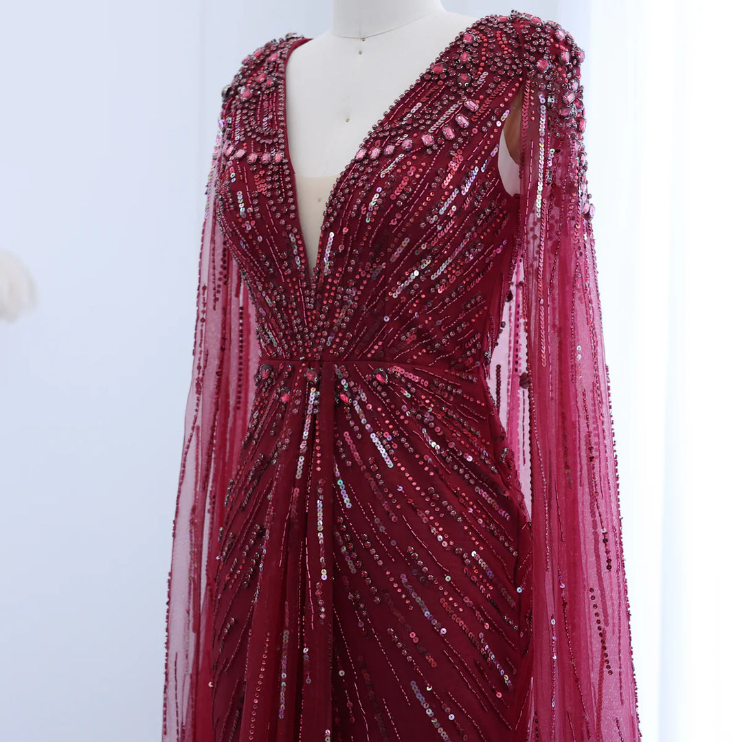 Luxury Dubai Sage Green Evening Dresses with Cape SS399