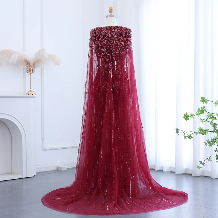 Luxury Dubai Sage Green Evening Dresses with Cape SS399