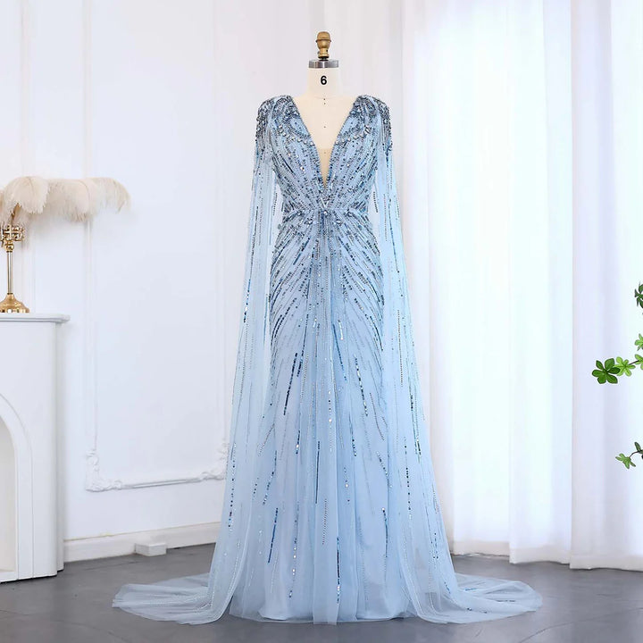 Luxury Dubai Sage Green Evening Dresses with Cape SS399