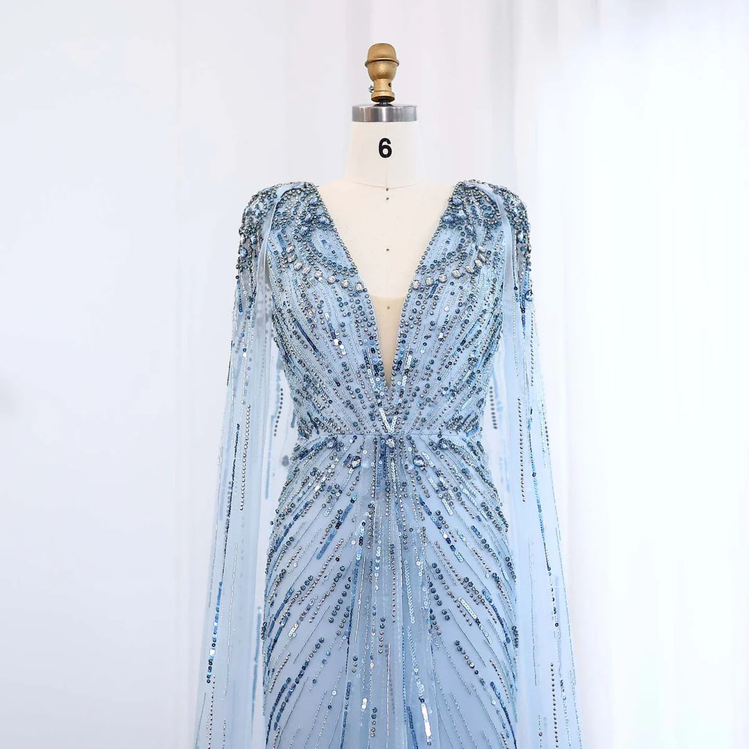 Luxury Dubai Sage Green Evening Dresses with Cape SS399