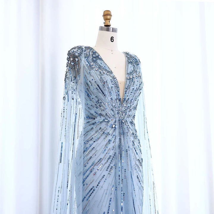 Luxury Dubai Sage Green Evening Dresses with Cape SS399