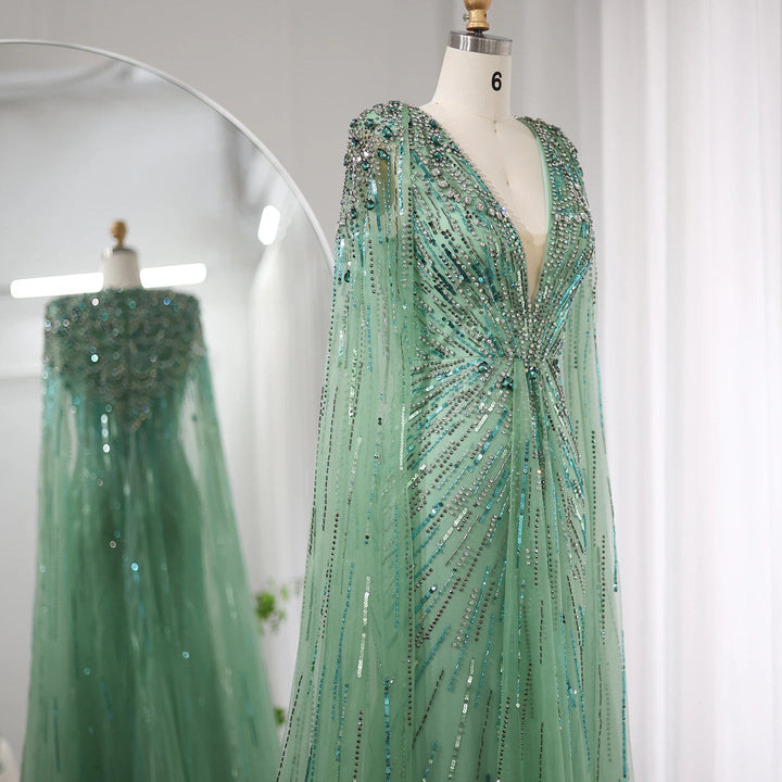 Luxury Dubai Sage Green Evening Dresses with Cape SS399