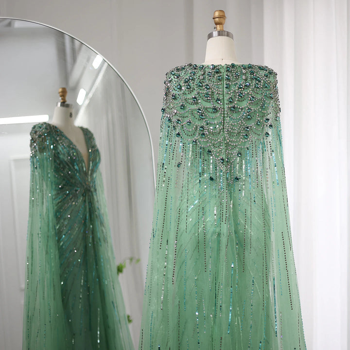 Luxury Dubai Sage Green Evening Dresses with Cape SS399