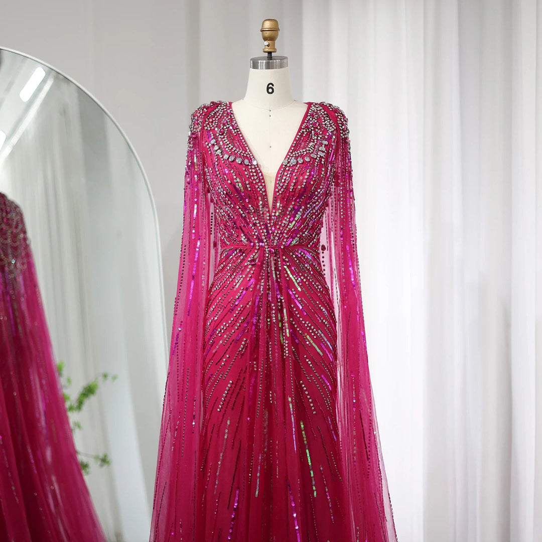 Luxury Dubai Sage Green Evening Dresses with Cape SS399