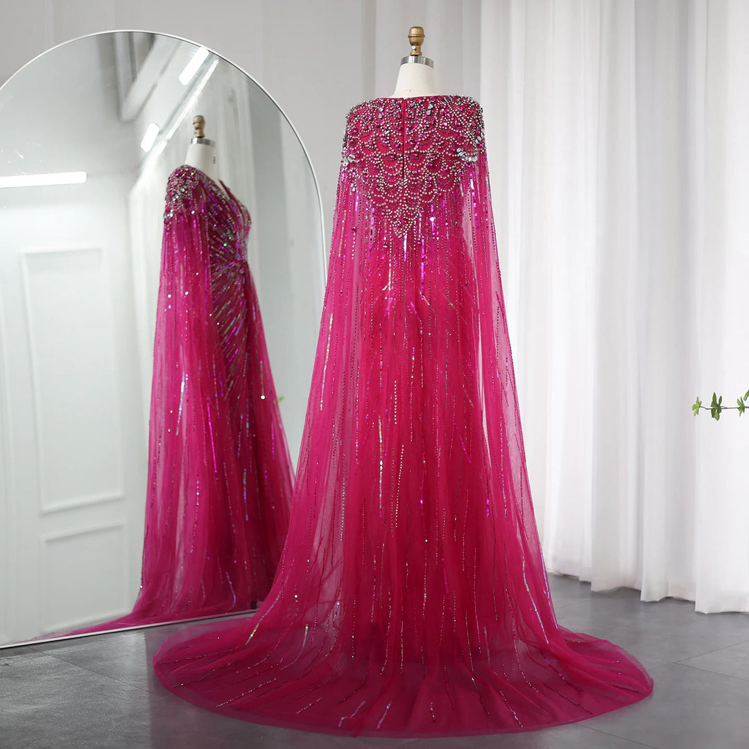 Luxury Dubai Sage Green Evening Dresses with Cape SS399