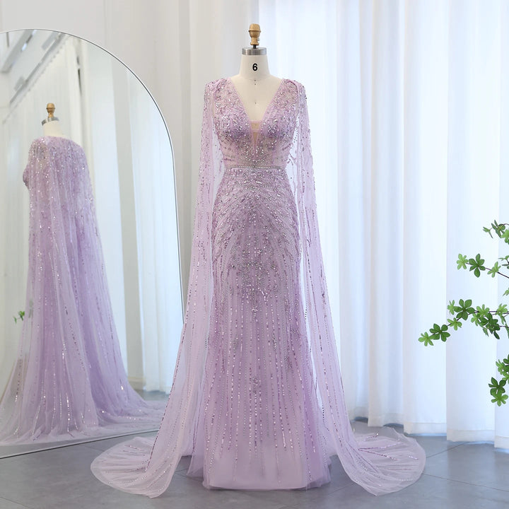 Luxury Dubai Turquoise Mermaid Evening Dresses with Cape V-Neck SS397