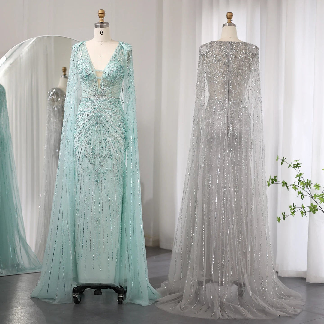 Luxury Dubai Turquoise Mermaid Evening Dresses with Cape V-Neck SS397