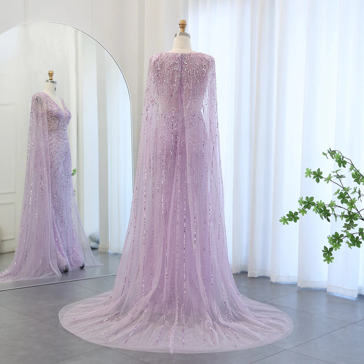 Luxury Dubai Turquoise Mermaid Evening Dresses with Cape V-Neck SS397