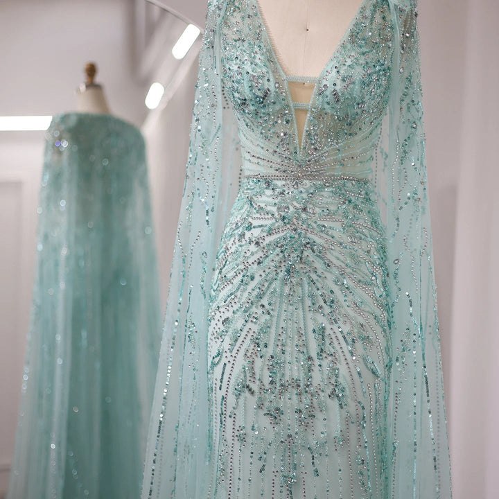 Luxury Dubai Turquoise Mermaid Evening Dresses with Cape V-Neck SS397
