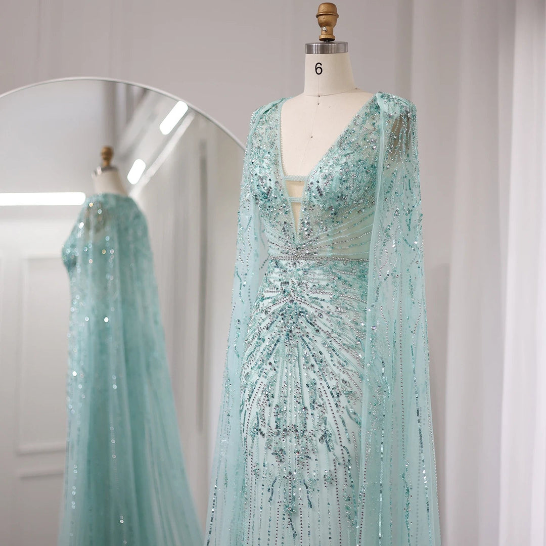 Luxury Dubai Turquoise Mermaid Evening Dresses with Cape V-Neck SS397