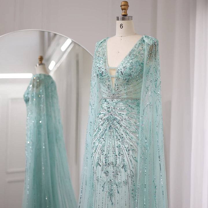 Luxury Dubai Turquoise Mermaid Evening Dresses with Cape V-Neck SS397