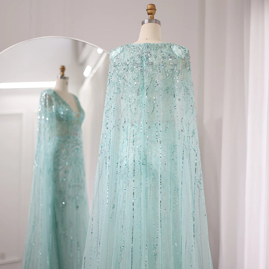 Luxury Dubai Turquoise Mermaid Evening Dresses with Cape V-Neck SS397