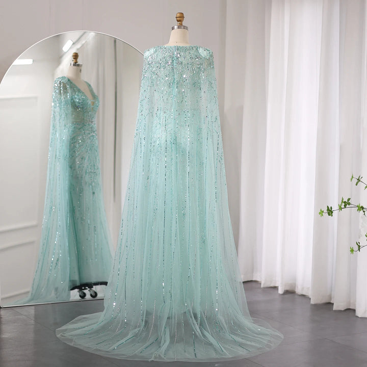 Luxury Dubai Turquoise Mermaid Evening Dresses with Cape V-Neck SS397