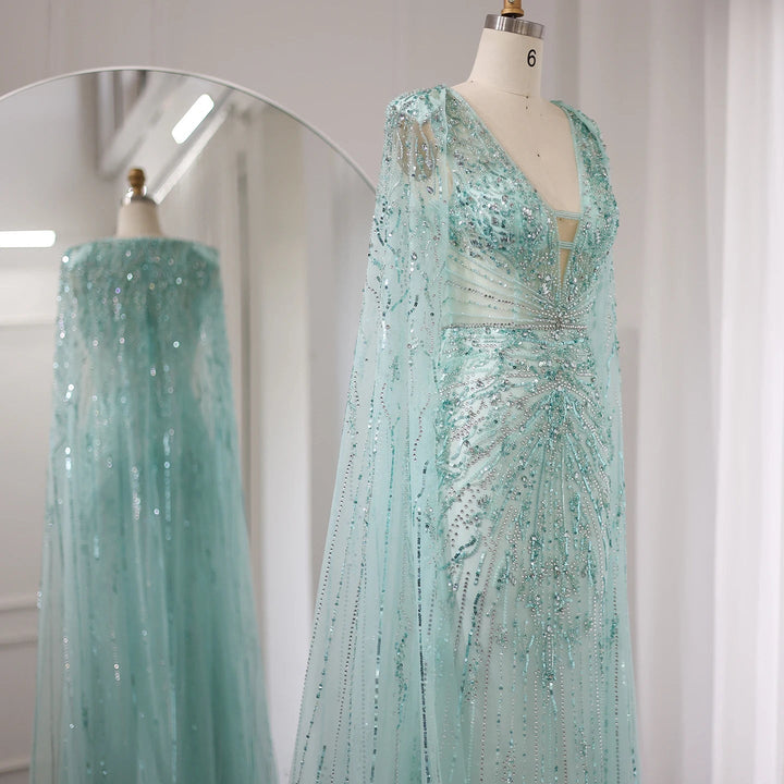 Luxury Dubai Turquoise Mermaid Evening Dresses with Cape V-Neck SS397
