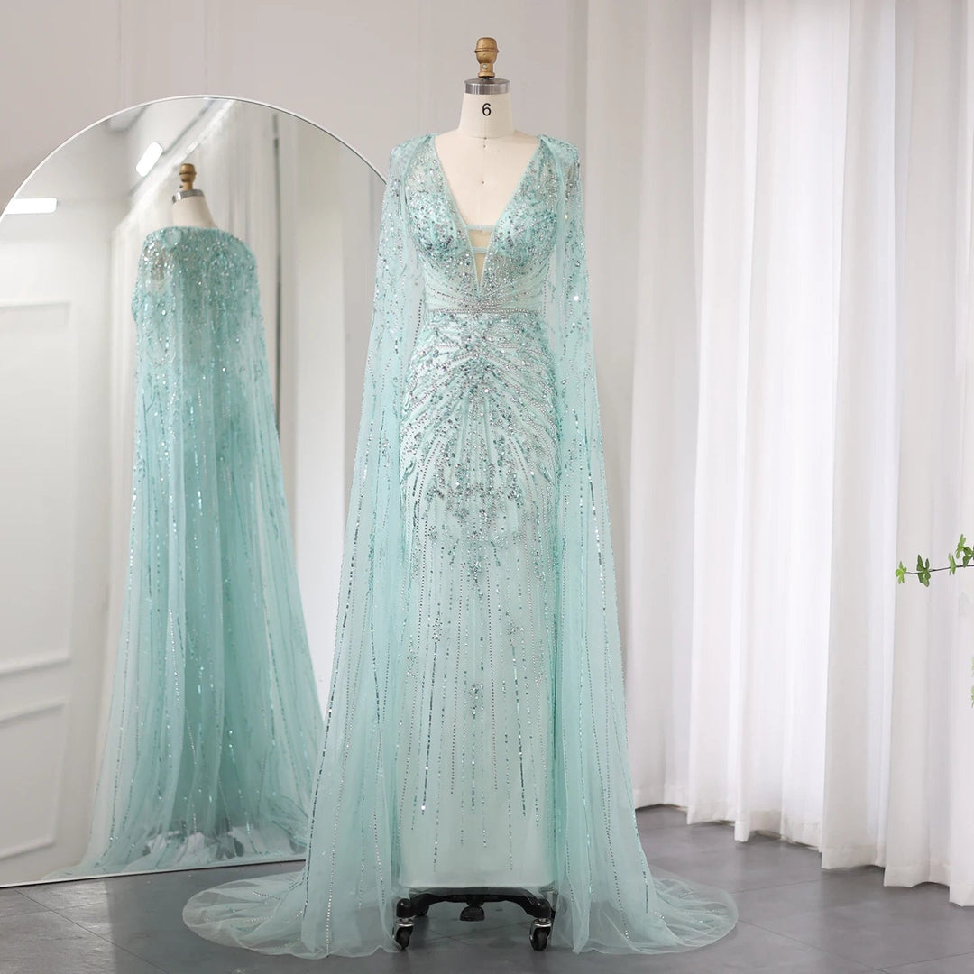 Turquoise And Silver Bridesmaid Dresses Luxury Dubai Turquoise Mermaid Evening Dresses With Cape V-Neck SS397, Turquoise And Silver Bridesmaid Dresses Luxury Dubai Turquoise Mermaid Evening Dresses With Cape V-Neck SS397,