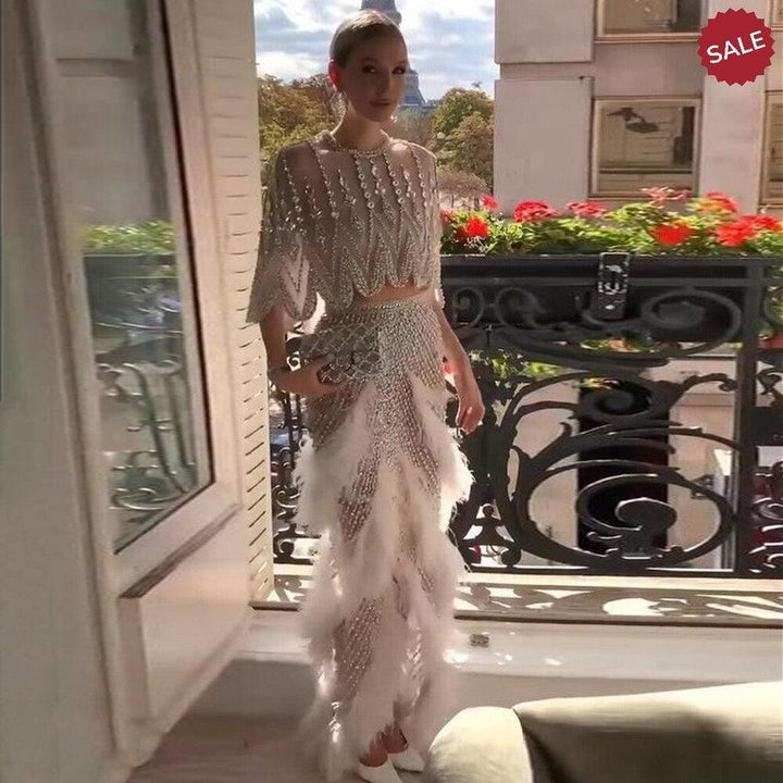 Luxury Dubai White Feathers Two Pieces Evening Dresses SS363
